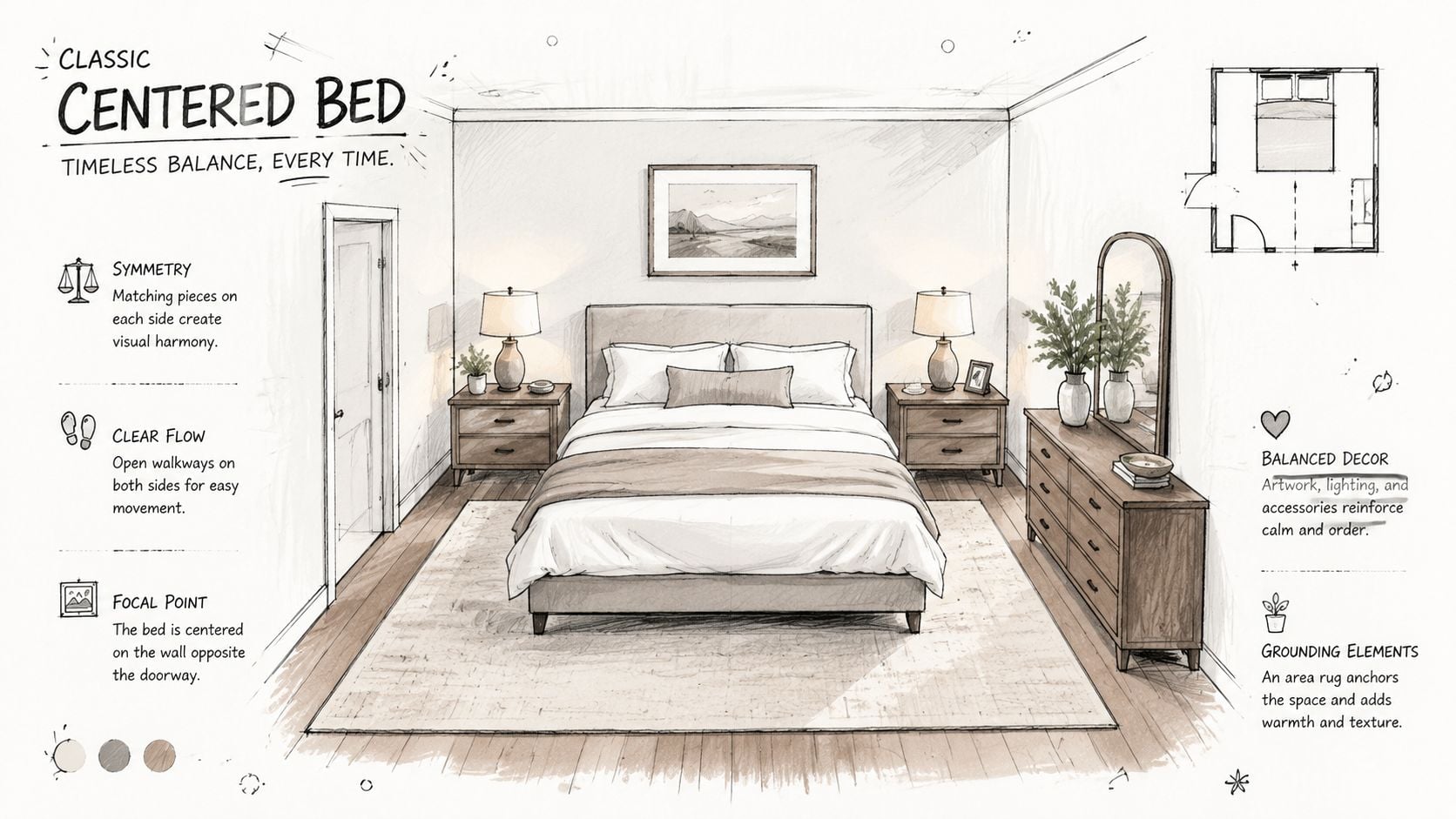 A hand-drawn sketch of a bedroom featuring a centered bed layout with matching nightstands and furniture.