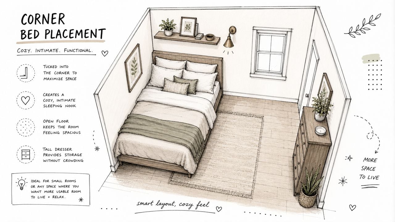 A hand-drawn illustration showing a bedroom with a corner bed placement to maximize space and functionality.