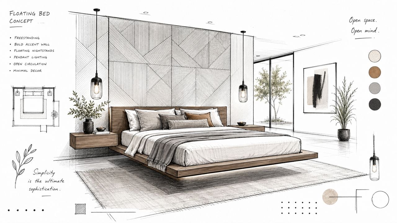 A sophisticated architectural sketch of a bedroom with a modern floating bed, wooden nightstands, and minimalist decor.