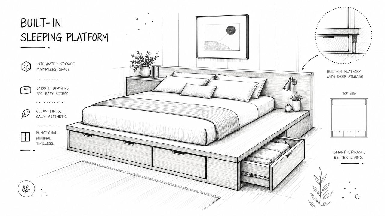 A pencil sketch of a minimalist bedroom furniture design featuring a platform bed with integrated storage drawers.