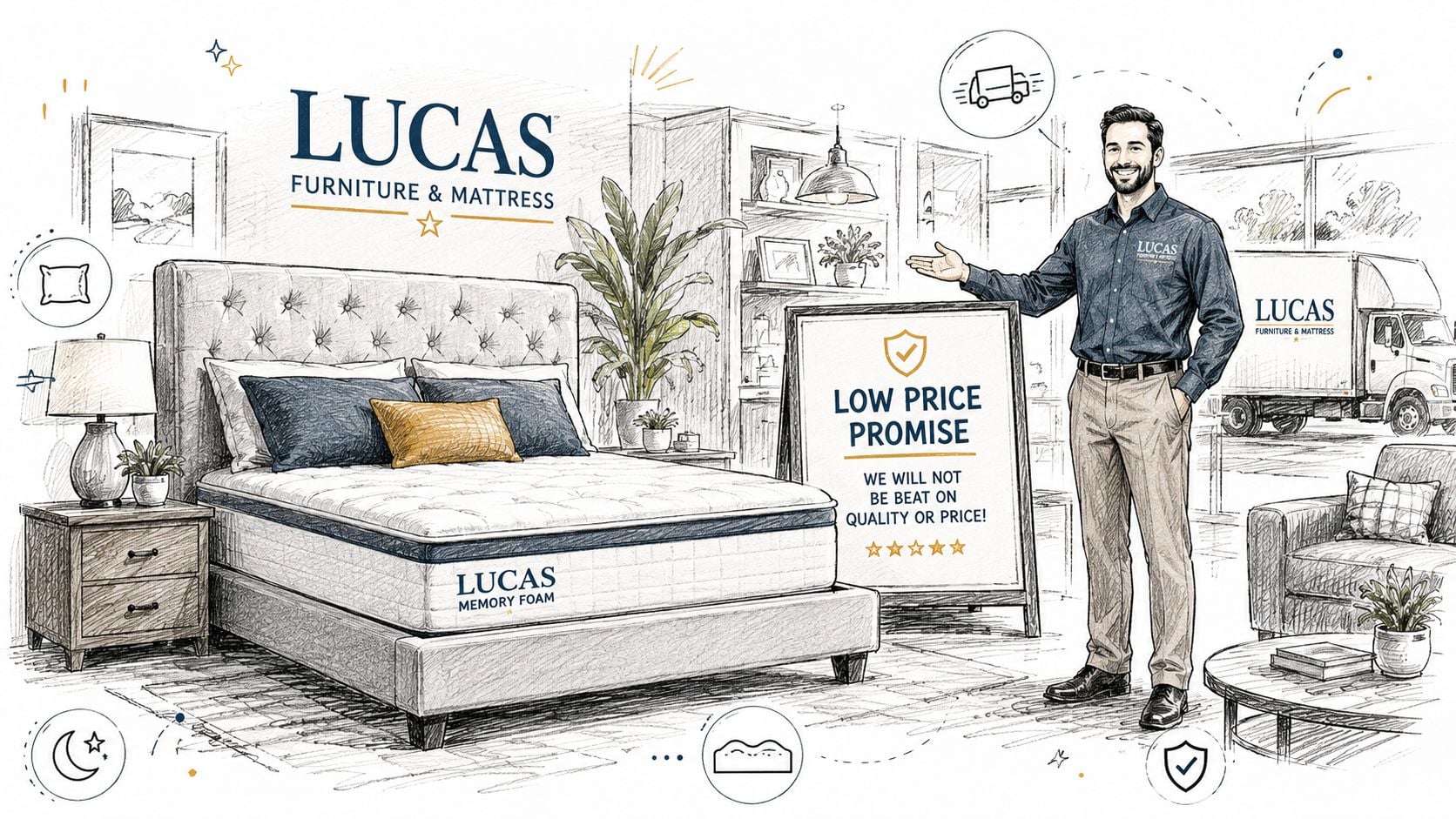 A professional man stands in a furniture store next to a Lucas brand memory foam mattress display.