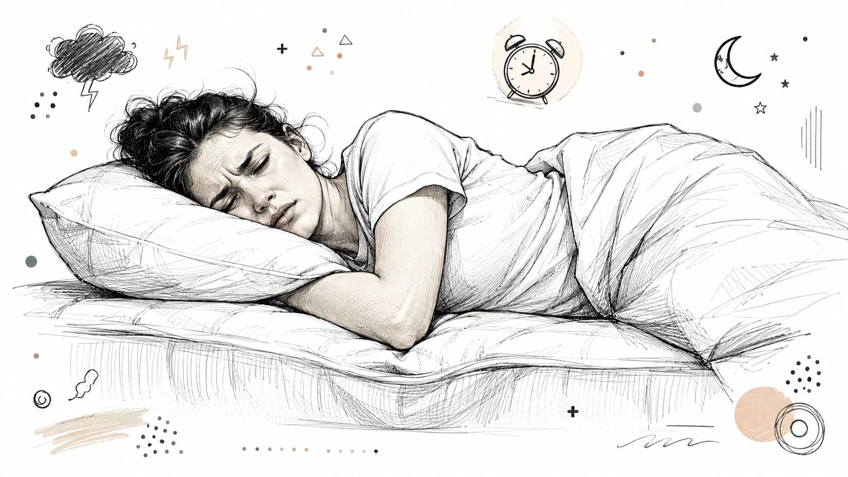 A pencil sketch of a woman lying in bed appearing distressed or tired while trying to sleep.