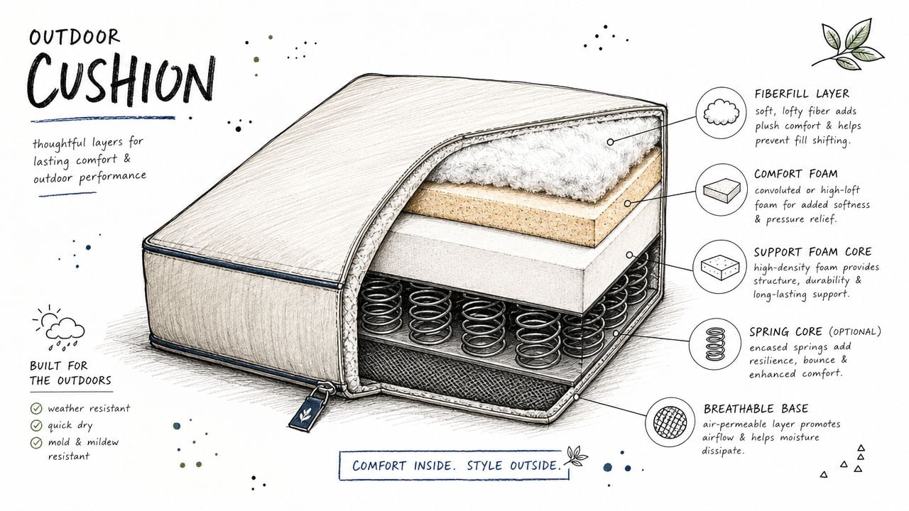 A detailed technical illustration of an outdoor cushion showing its layered construction and components.