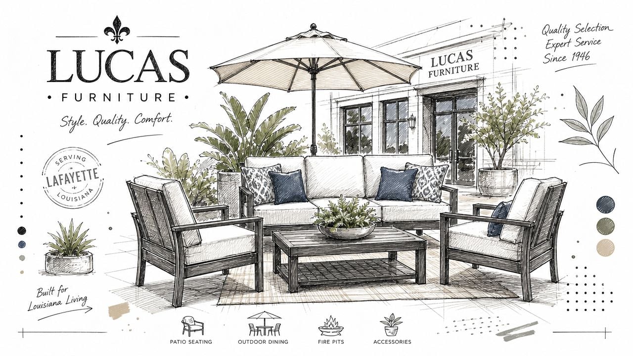 A pencil sketch illustration of outdoor patio furniture including a sofa, chairs, and umbrella at Lucas Furniture.