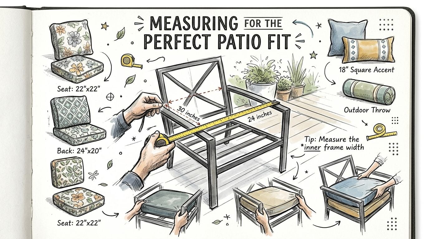 A helpful hand-drawn guide illustrating how to measure patio furniture for selecting the perfect outdoor cushions.