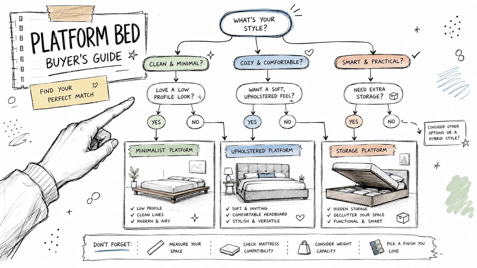 A hand-drawn flowchart guide illustrating how to choose the right platform bed based on personal style.
