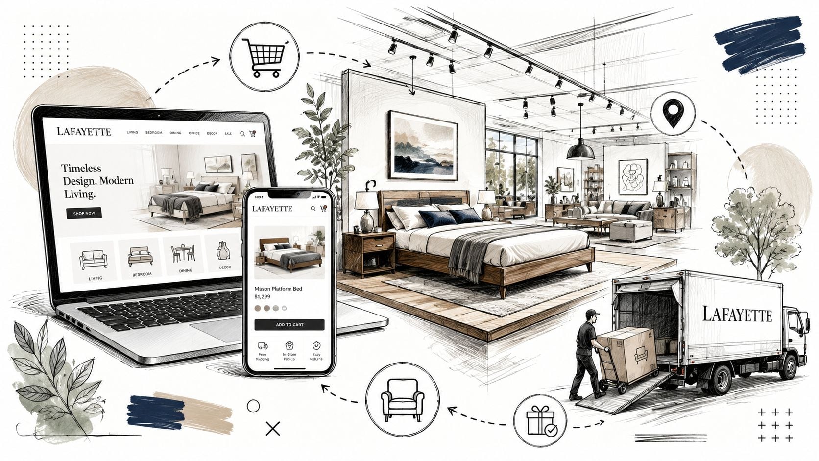 A conceptual illustration of a furniture brand's omni-channel shopping experience from online browsing to home delivery.