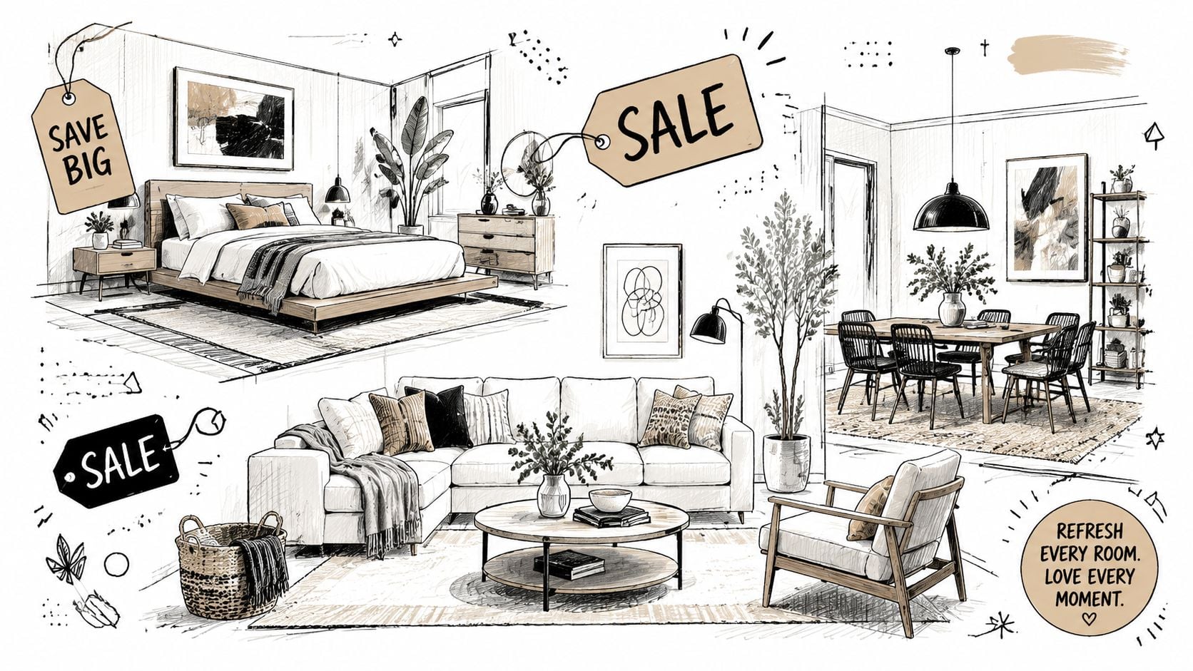 A hand-drawn style interior design collage showcasing a bedroom, living room, and dining room set.