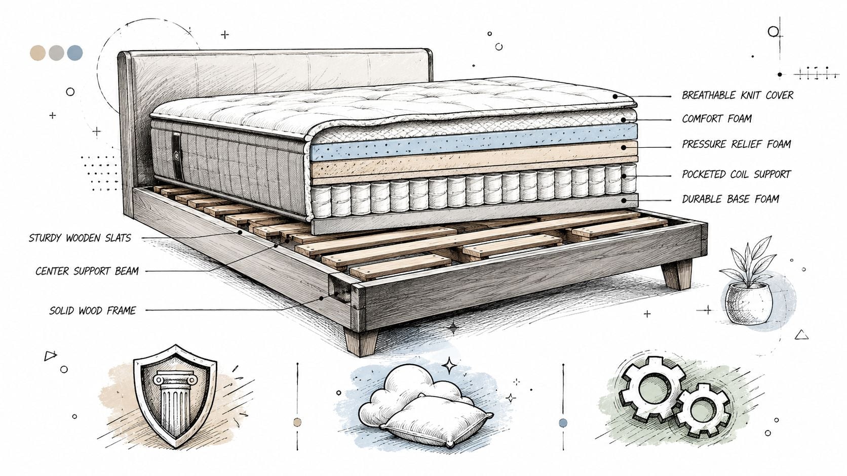 A detailed technical illustration of a modern platform bed showing its mattress layers and wooden frame structure.
