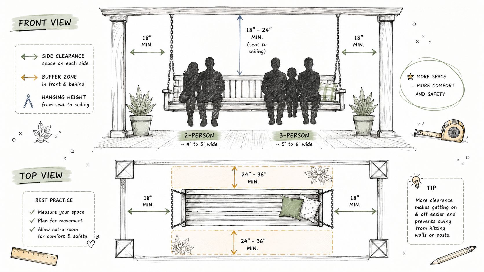 An instructional diagram showing recommended clearance and placement measurements for installing a porch swing safely.
