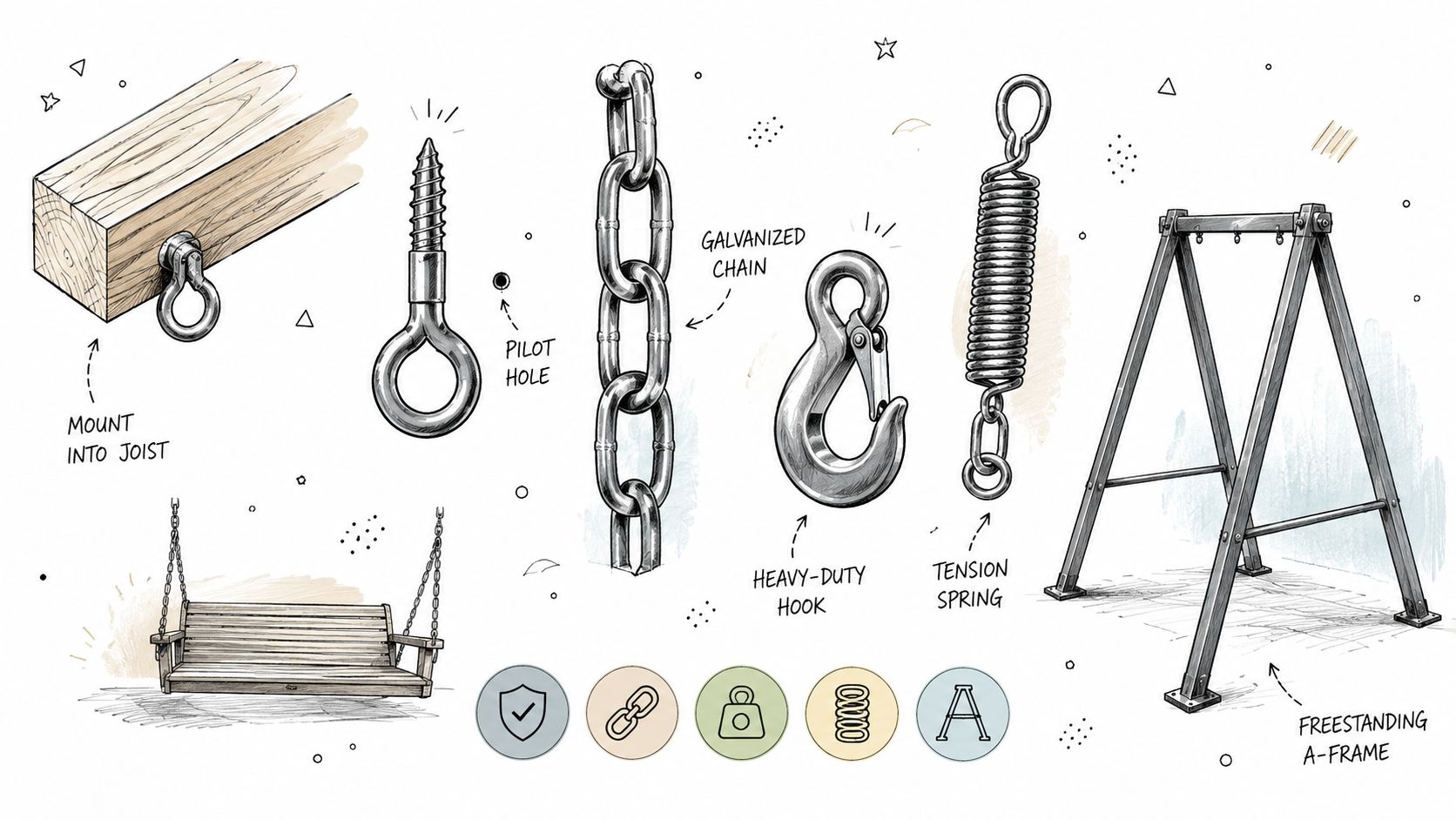 An instructional diagram illustrating hardware components and structures for installing a porch swing, including chains and frames.