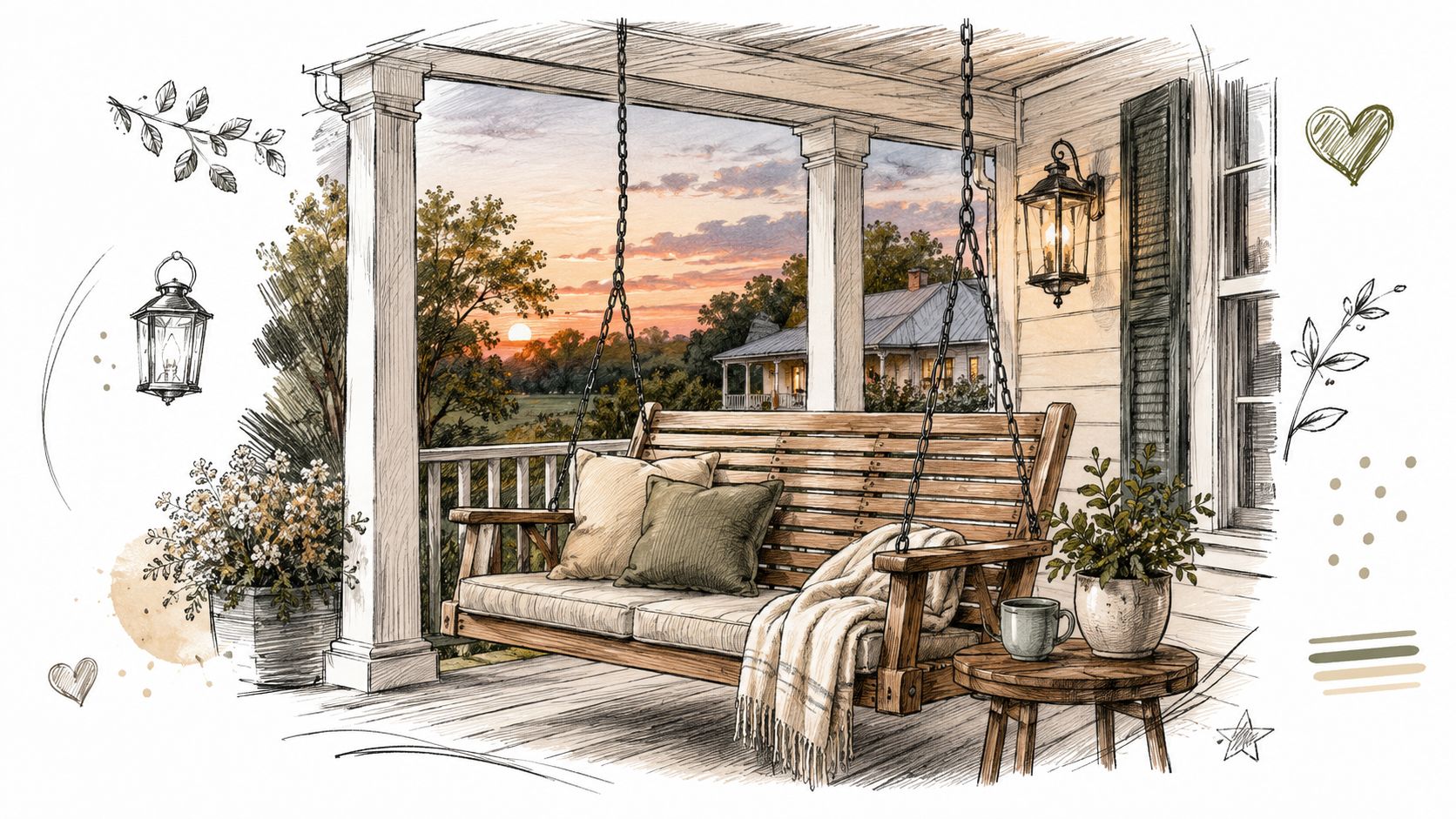 A cozy, hand-drawn sketch of a wooden porch swing featuring comfortable cushions, a throw blanket, and scenic sunset views.