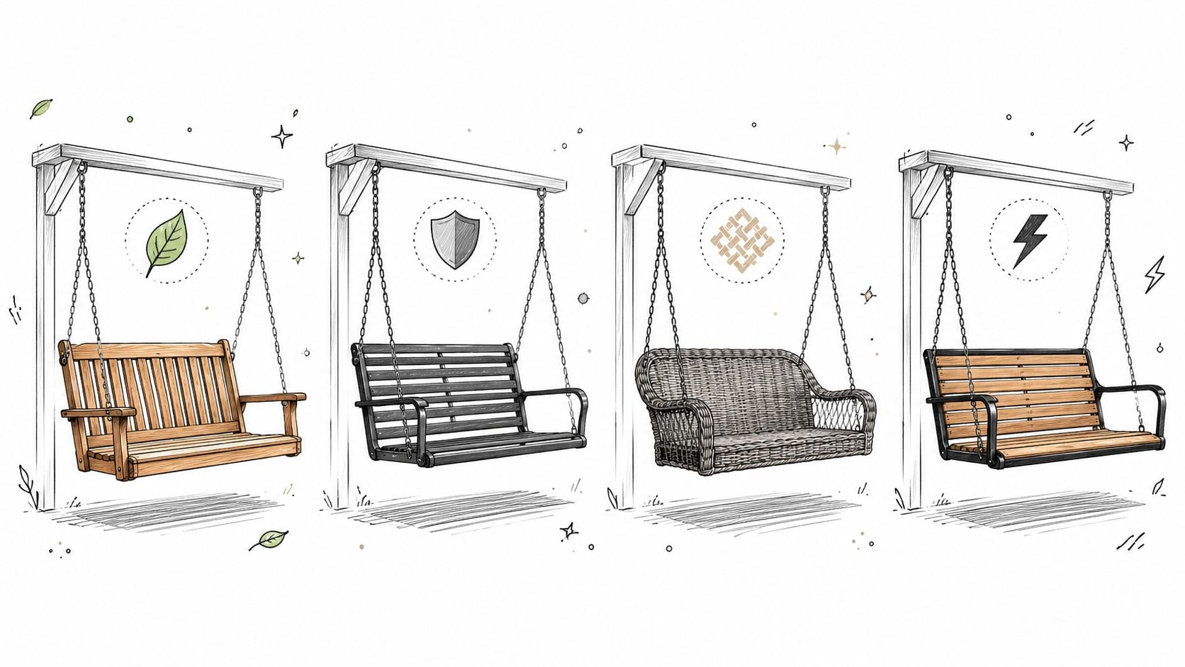 A line illustration showcasing four different styles of porch swings hanging from wooden frames.