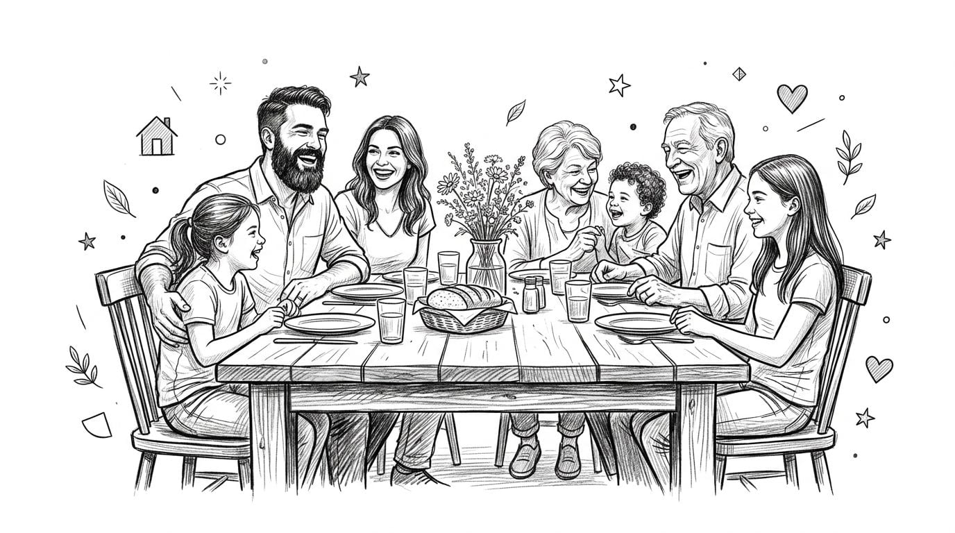 A happy multi-generational family enjoys a cheerful dinner together around a large rustic wooden dining table.