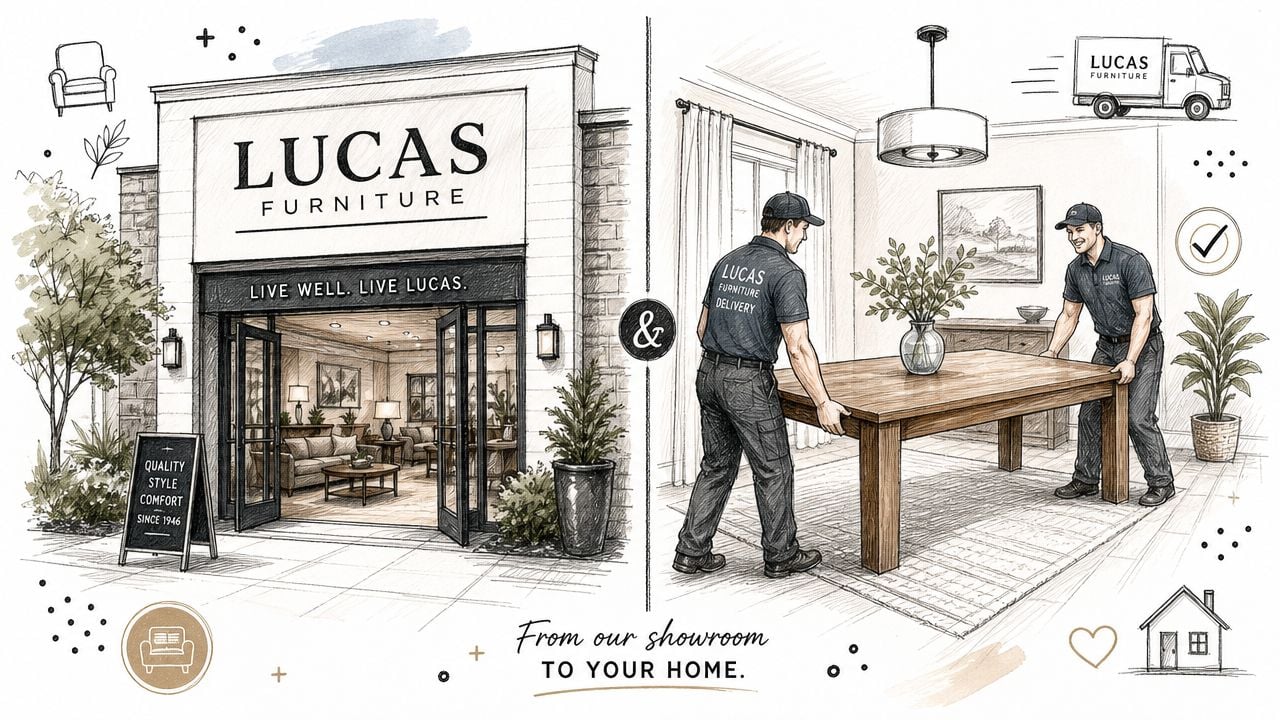 A hand-drawn illustration showing the journey of a wooden dining table from Lucas Furniture showroom to home.