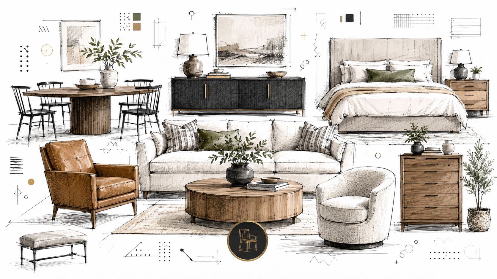A professional interior design sketch showing various wooden furniture pieces including a dining set, sofa, and bed.