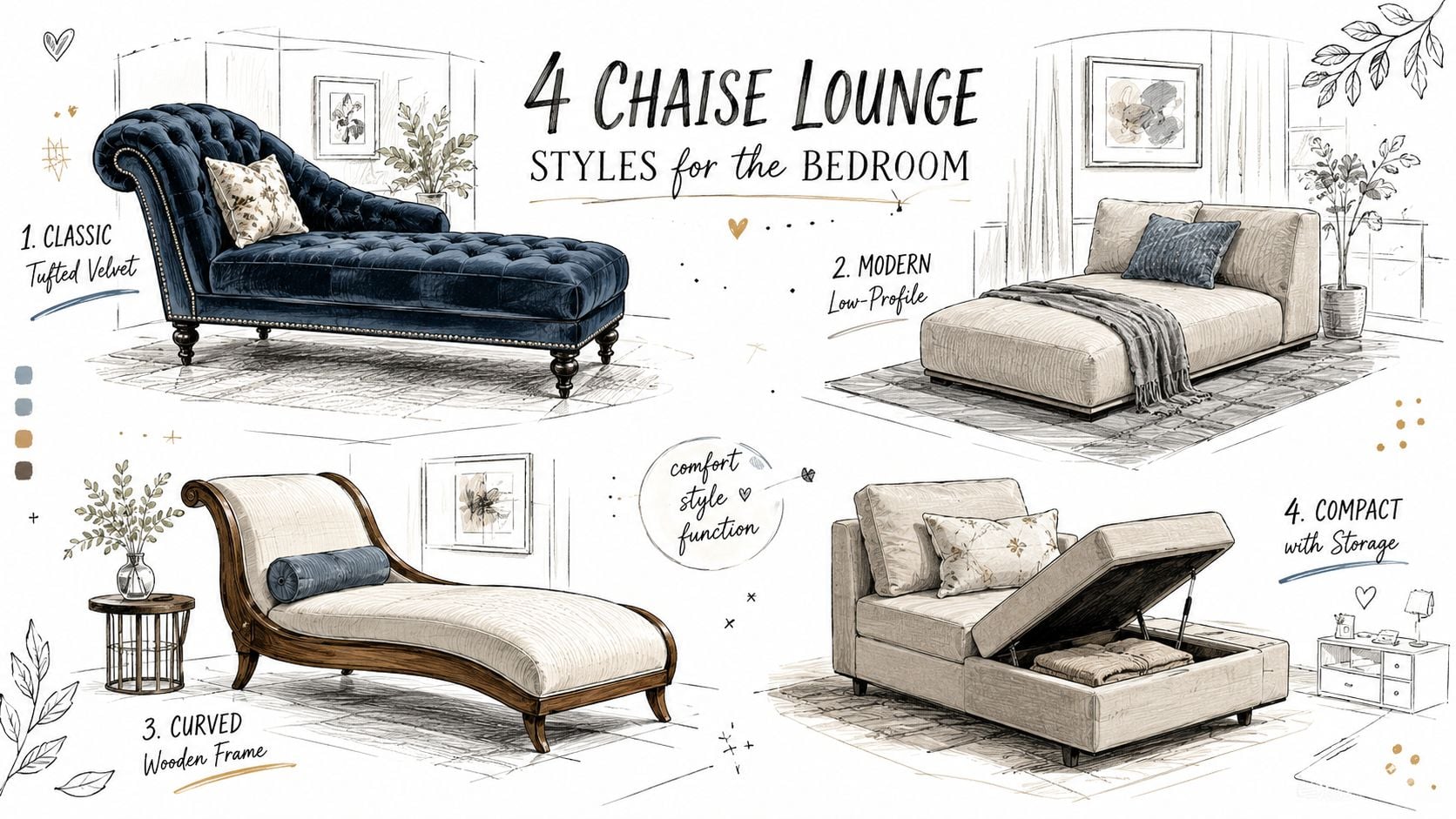 An illustration showing four different styles of chaise lounge chairs suitable for a bedroom setting.