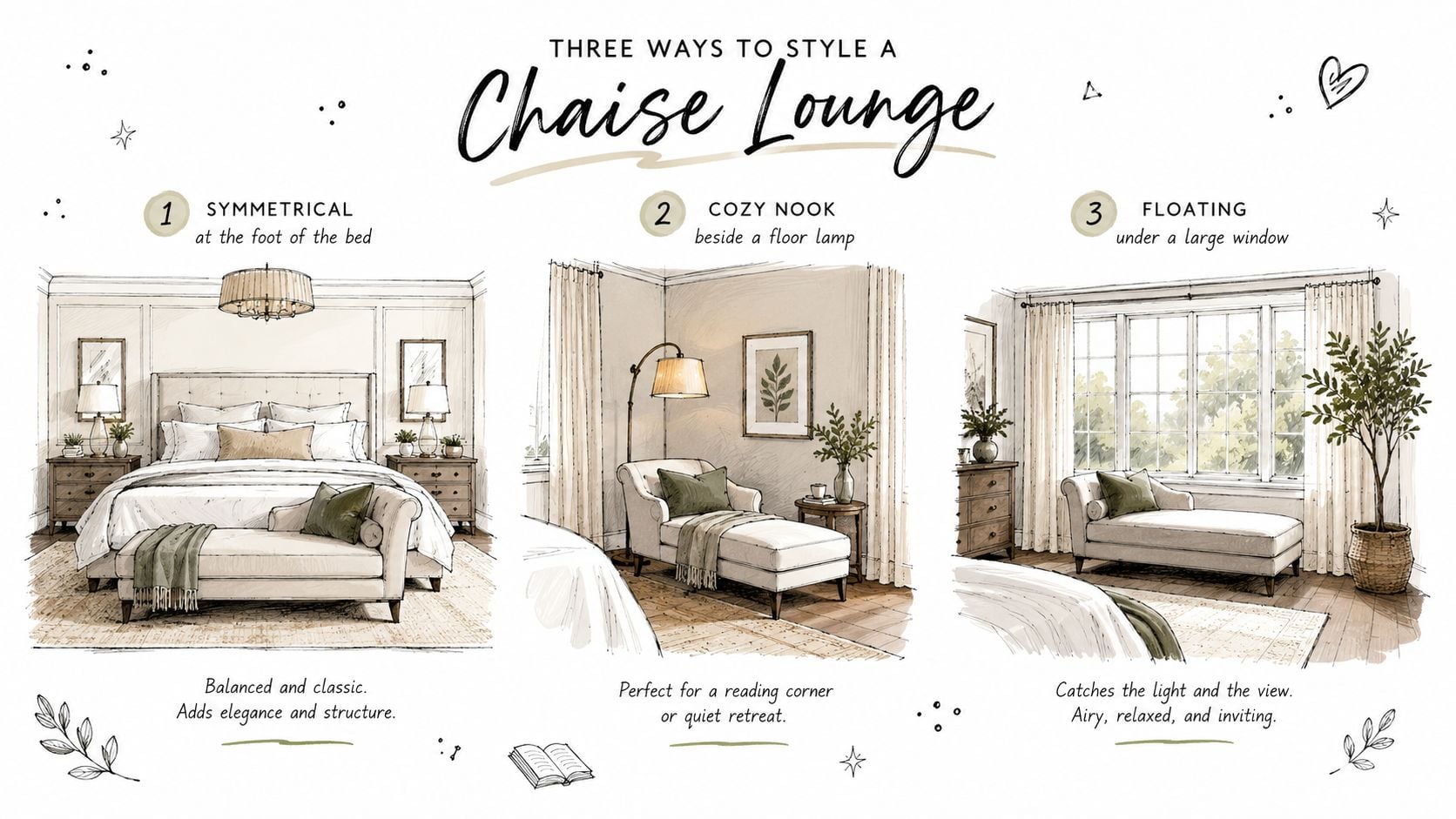 An illustration showing three different stylish ways to arrange a chaise lounge in a bedroom setting.