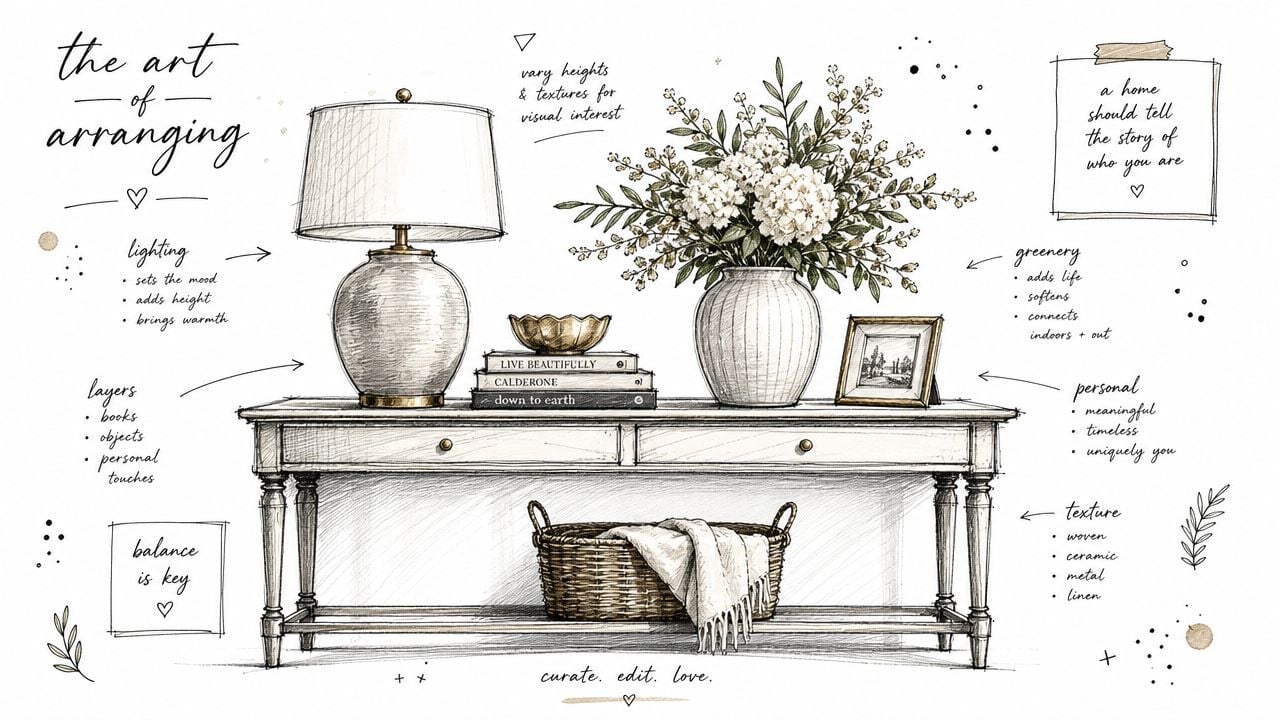 A hand-drawn illustration showing tips for decorating a console table entryway with lamps, books, and flowers.