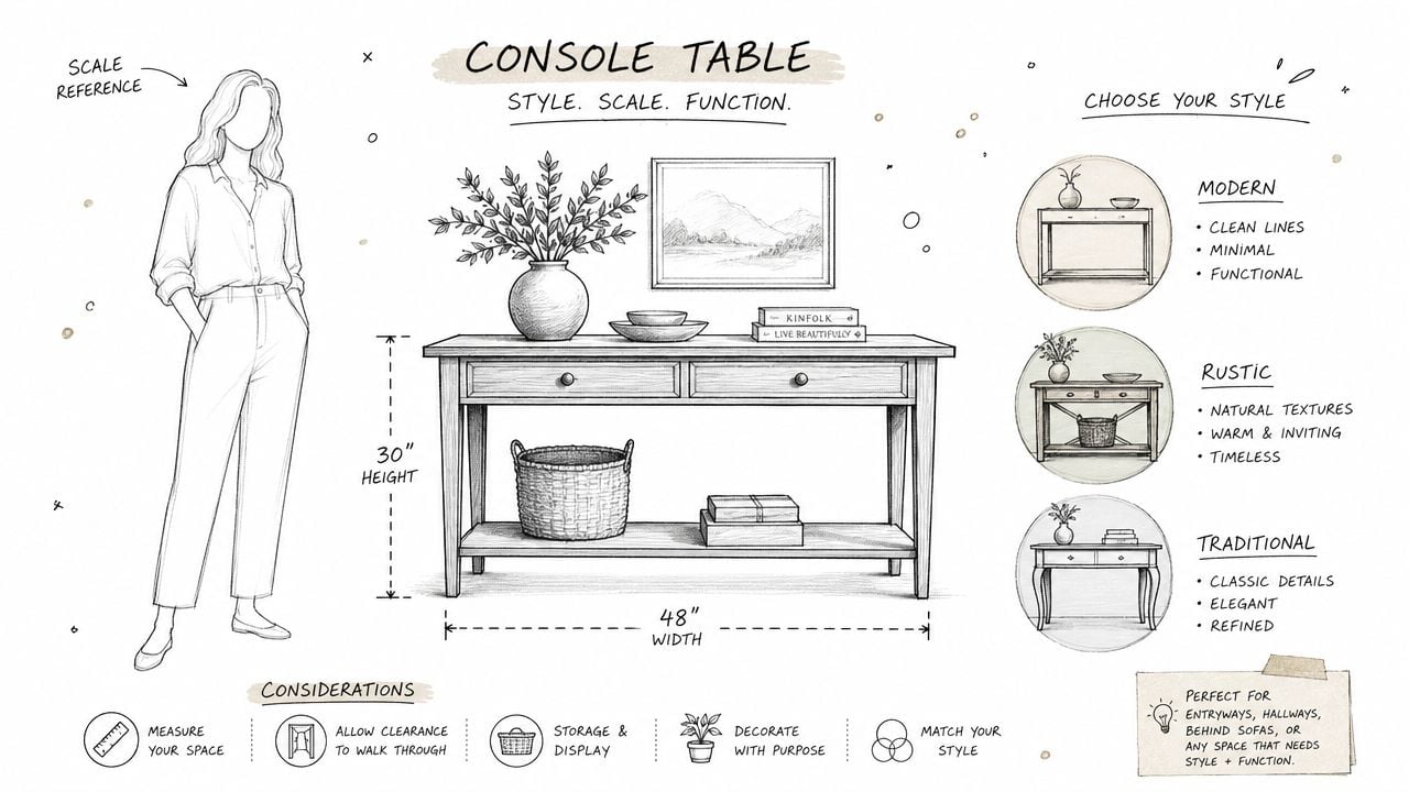 A hand-drawn illustration showing the dimensions and design styles of a wooden console table for home decor.