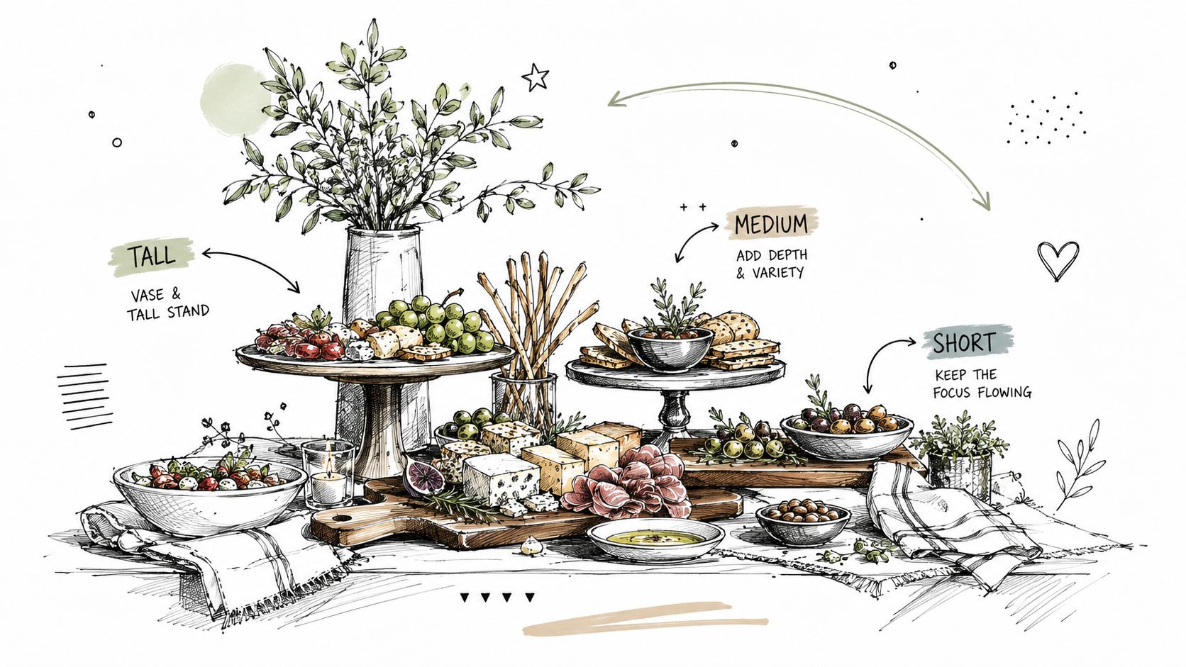 A hand-drawn illustration showing tips for decorating a buffet table with varying height levels and food arrangements.