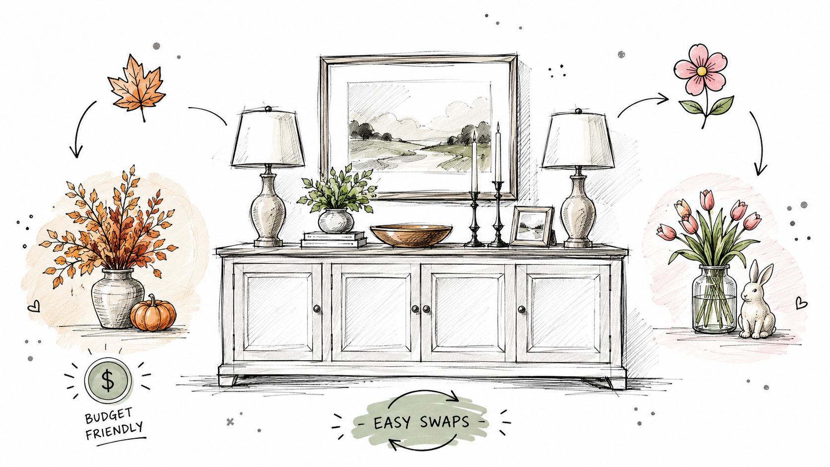 A sketch showing seasonal decor changes for a buffet table between autumn and spring themes.