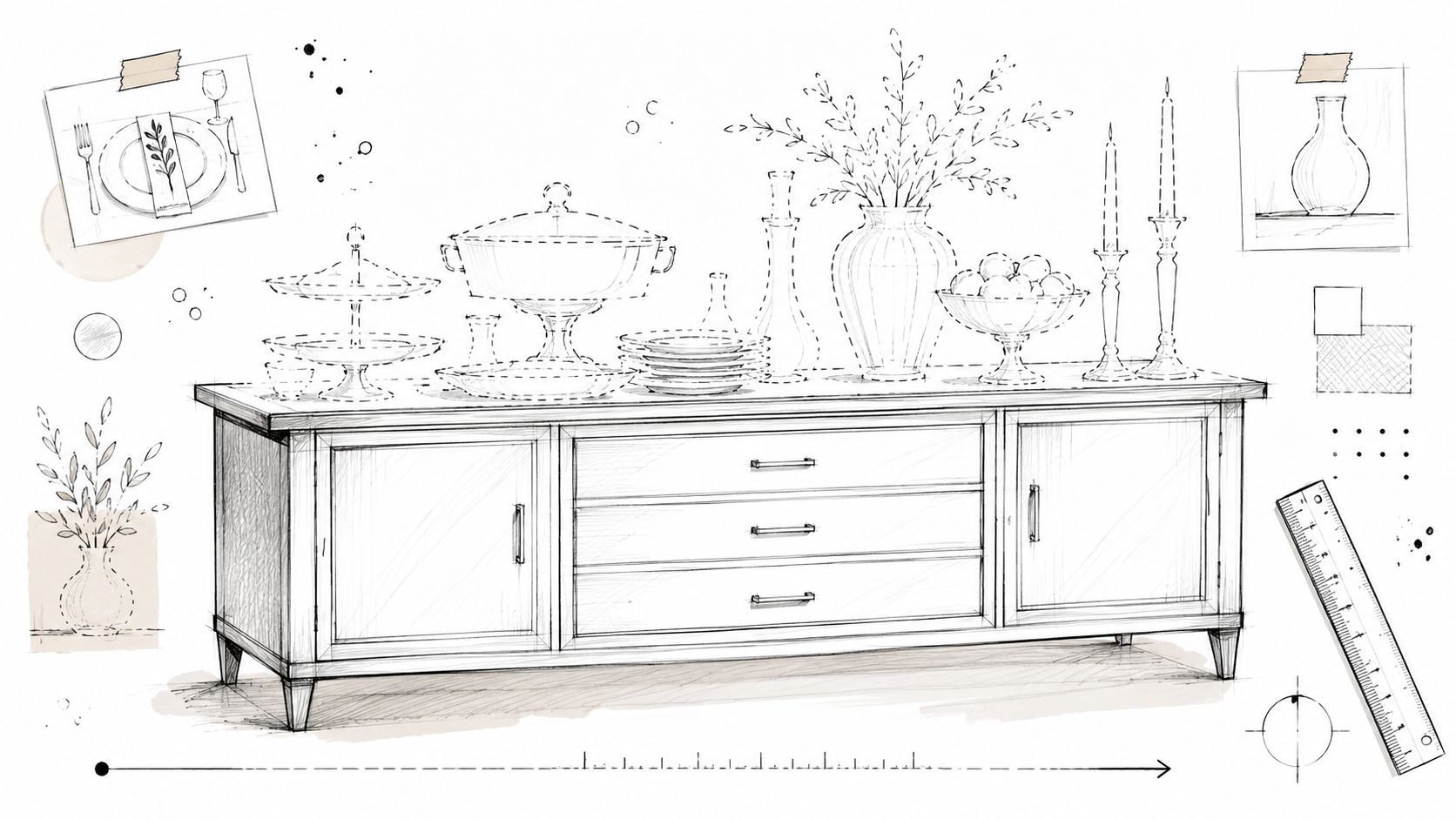 A detailed pencil sketch of a wooden sideboard buffet decorated with dinnerware, candles, and a flower vase.