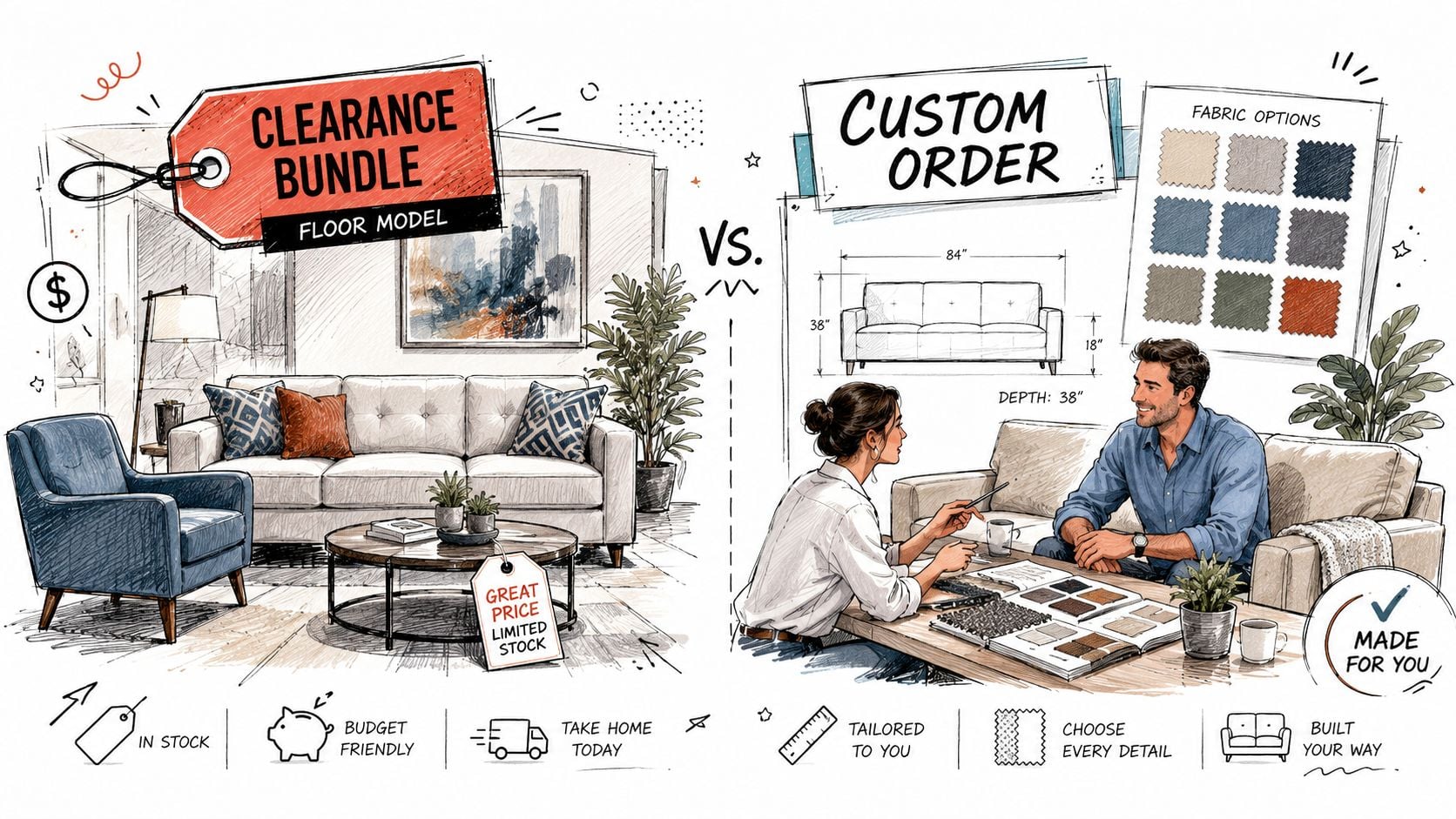 A comparative illustration showcasing clearance furniture bundles versus a personalized custom order sofa design process.