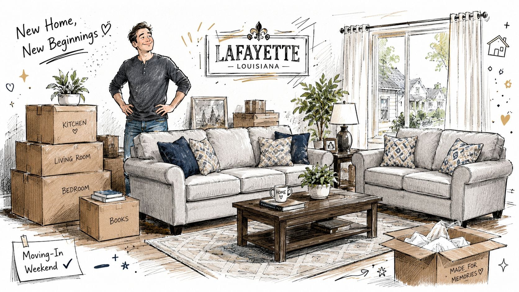 A man smiling amidst moving boxes and new living room furniture in his new Lafayette home.