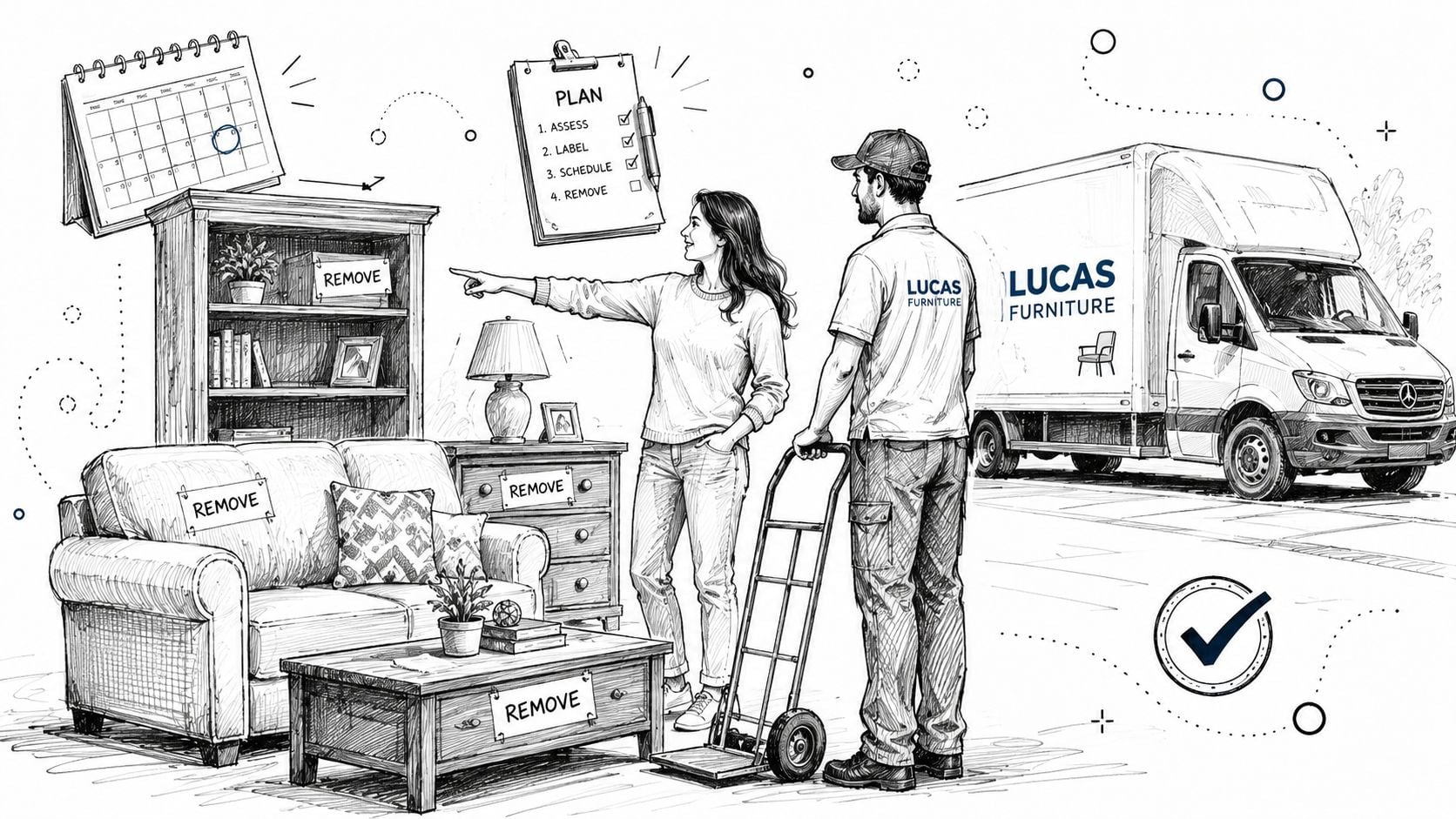 A woman points to furniture for a professional haul away service by Lucas Furniture with a moving truck.