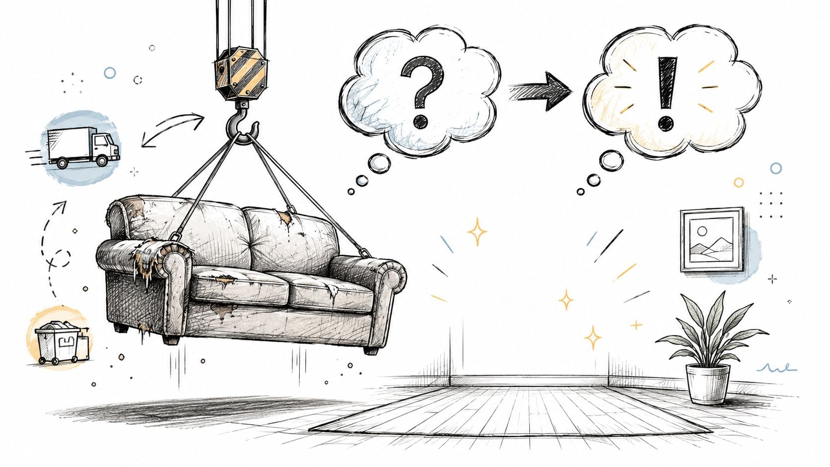 A conceptual illustration of a crane removing an old, damaged sofa from a clean living room space.