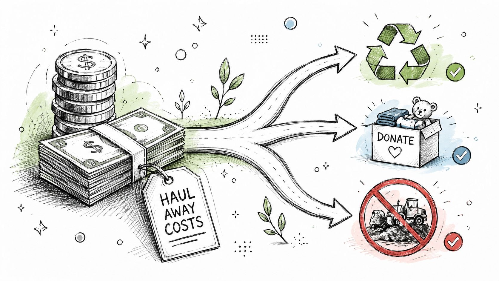 A conceptual illustration showing how to save money on haul away costs by choosing sustainable disposal options.