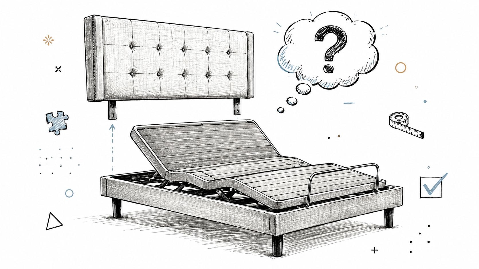 A line art illustration showing a tufted headboard being attached to an adjustable bed frame.