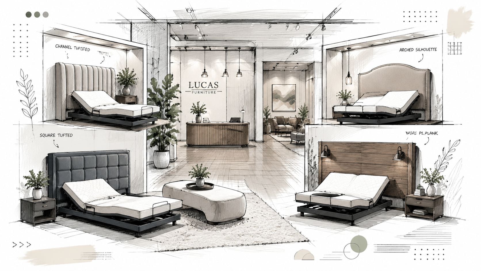 A showroom sketch for Lucas Furniture displaying various stylish headboards designed for modern adjustable bed frames.