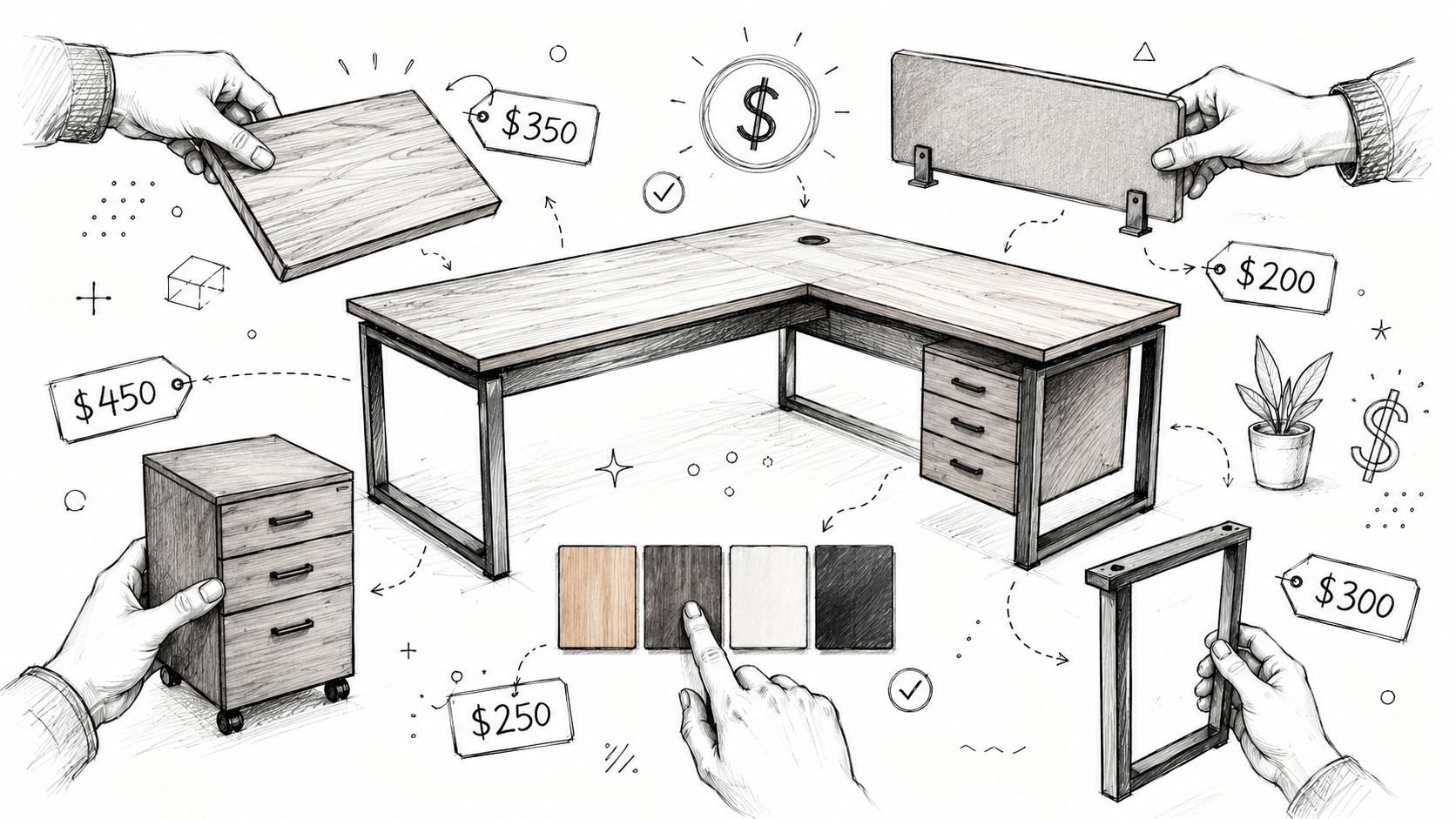 A pencil sketch of an L-shaped desk with modular components and pricing tags for furniture elements.