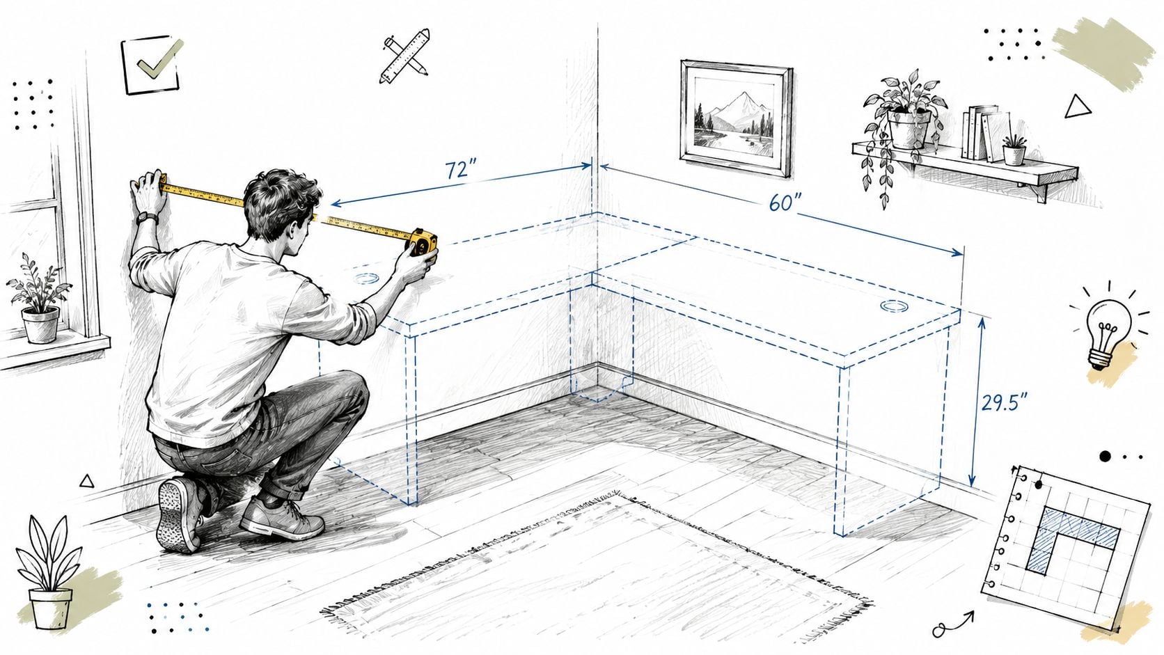 A person measuring a corner workspace for installing an L-shaped desk in a home office.