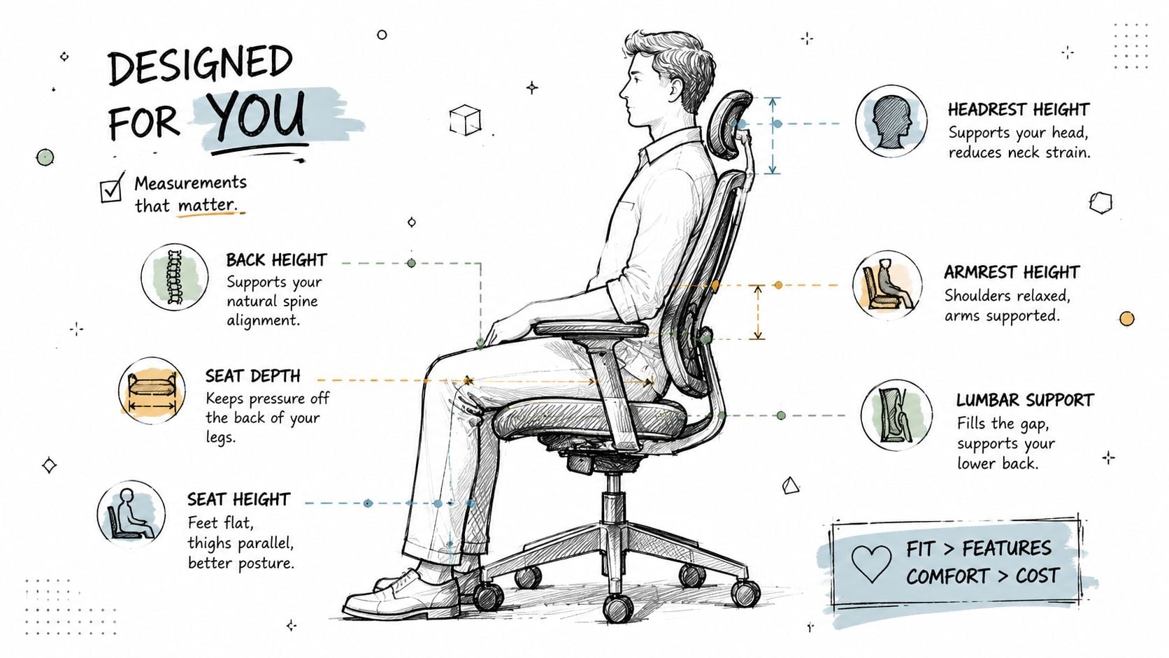 A diagram illustrating the key ergonomic adjustments for an office chair to ensure proper posture and comfort.
