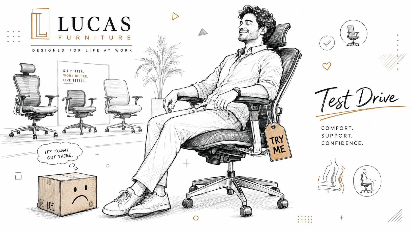 A man relaxing in an ergonomic office chair in a furniture showroom, promoting comfort and support.