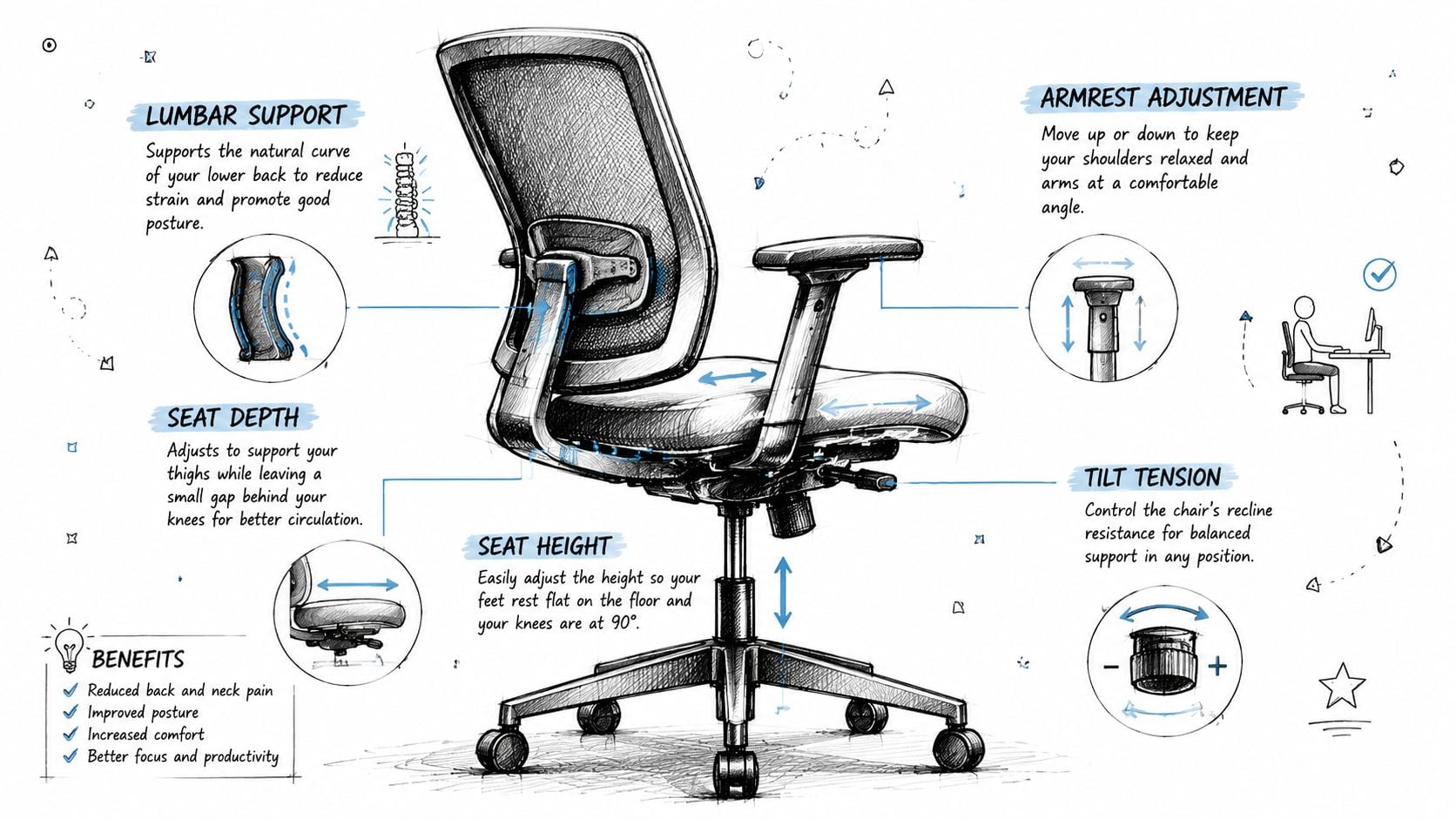 A diagram of an ergonomic office chair highlighting adjustable features like lumbar support, seat depth, and tilt tension.