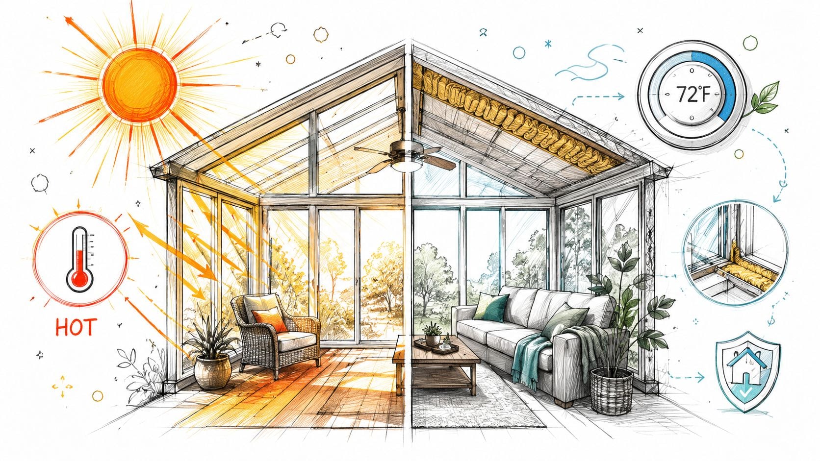 A split illustration showing a hot, sun-exposed sunroom transitioning into a cool, well-insulated, temperature-controlled living space.