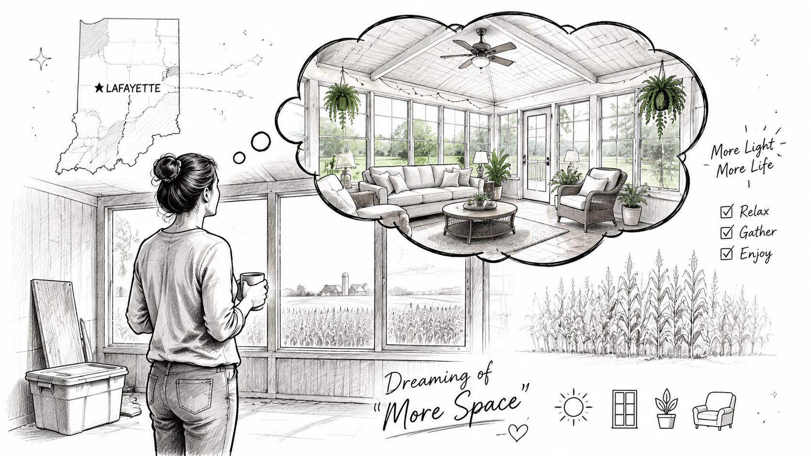 A woman stands in a room looking at a thought bubble depicting a beautifully decorated sunroom space.