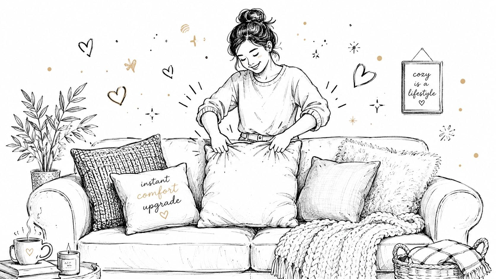A woman arranging plush pillows on a cozy sofa, illustrating simple ways to make a couch more comfortable.
