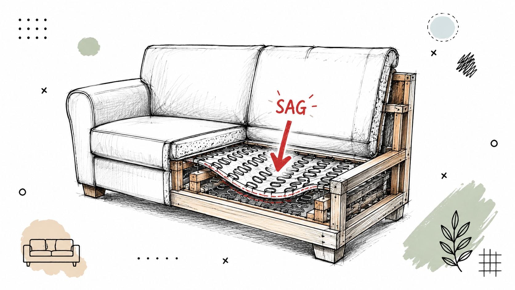 A cross-section sketch of a sofa showing damaged, sagging springs underneath the cushions with a red arrow.