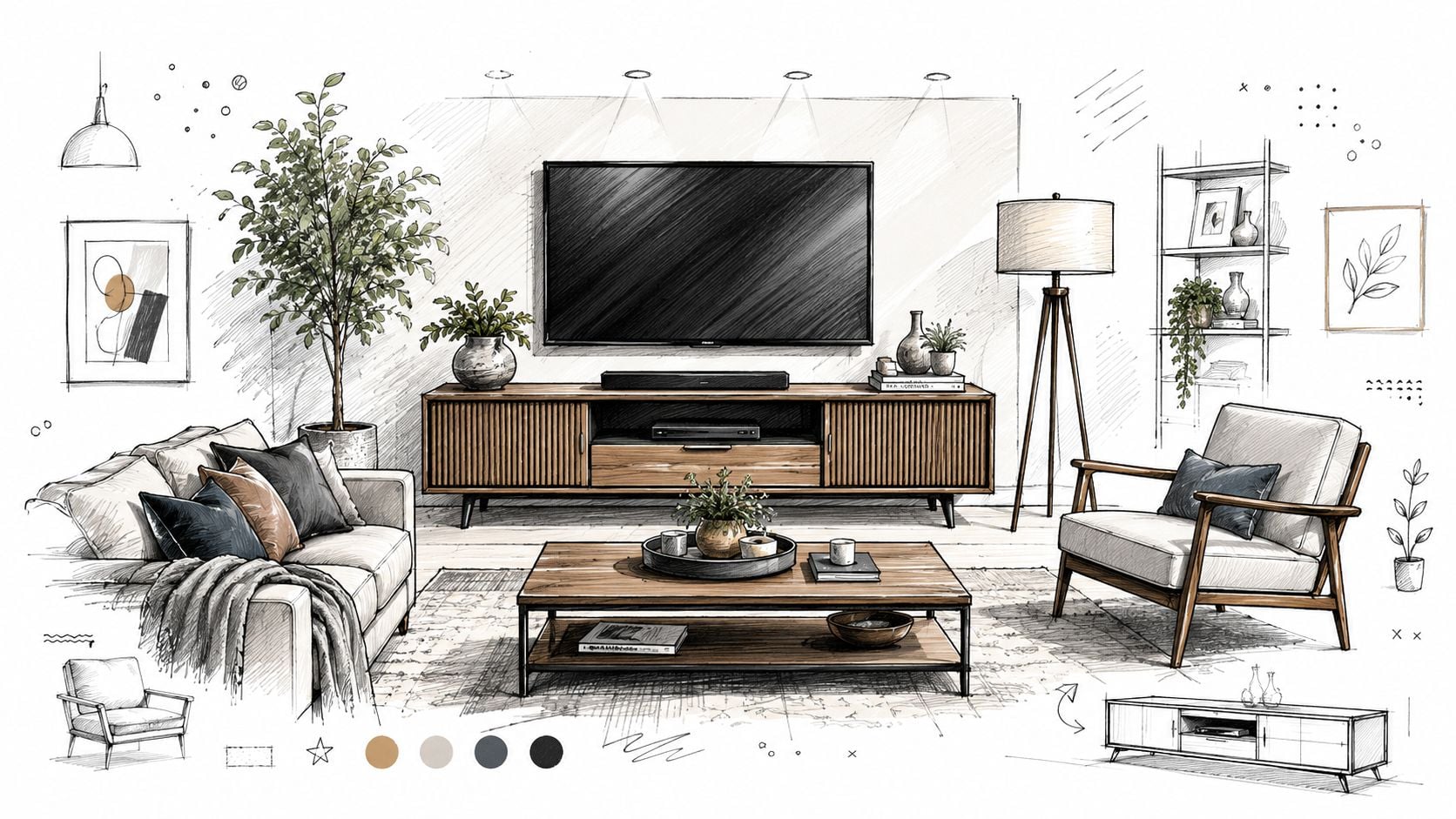 A detailed architectural sketch of a modern living room featuring a mounted television and stylish furniture.