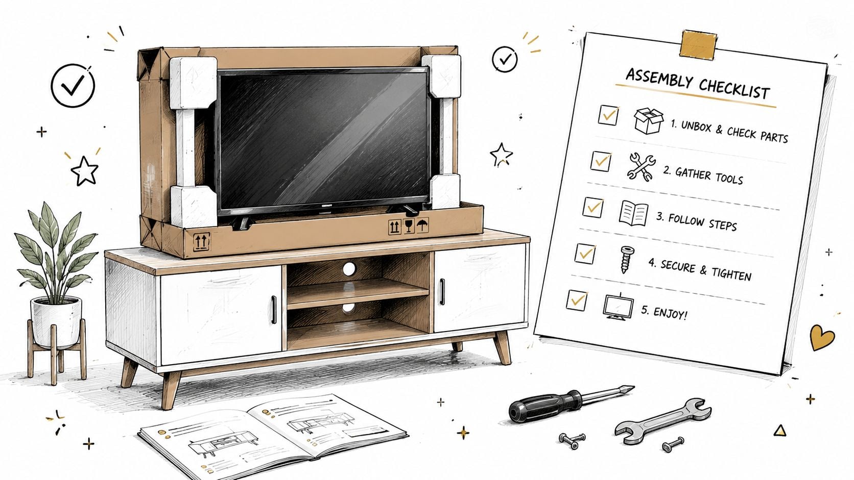 A television in a box sitting on a new media stand with an assembly checklist and tools nearby.