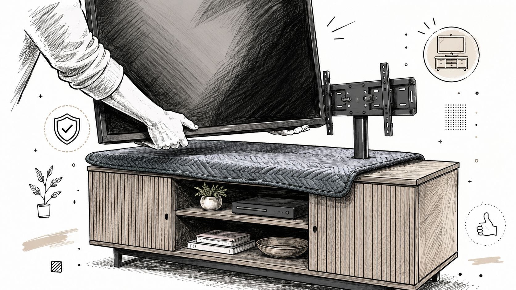 A hand placing a flat screen television onto a universal stand mounted to a wooden media console.