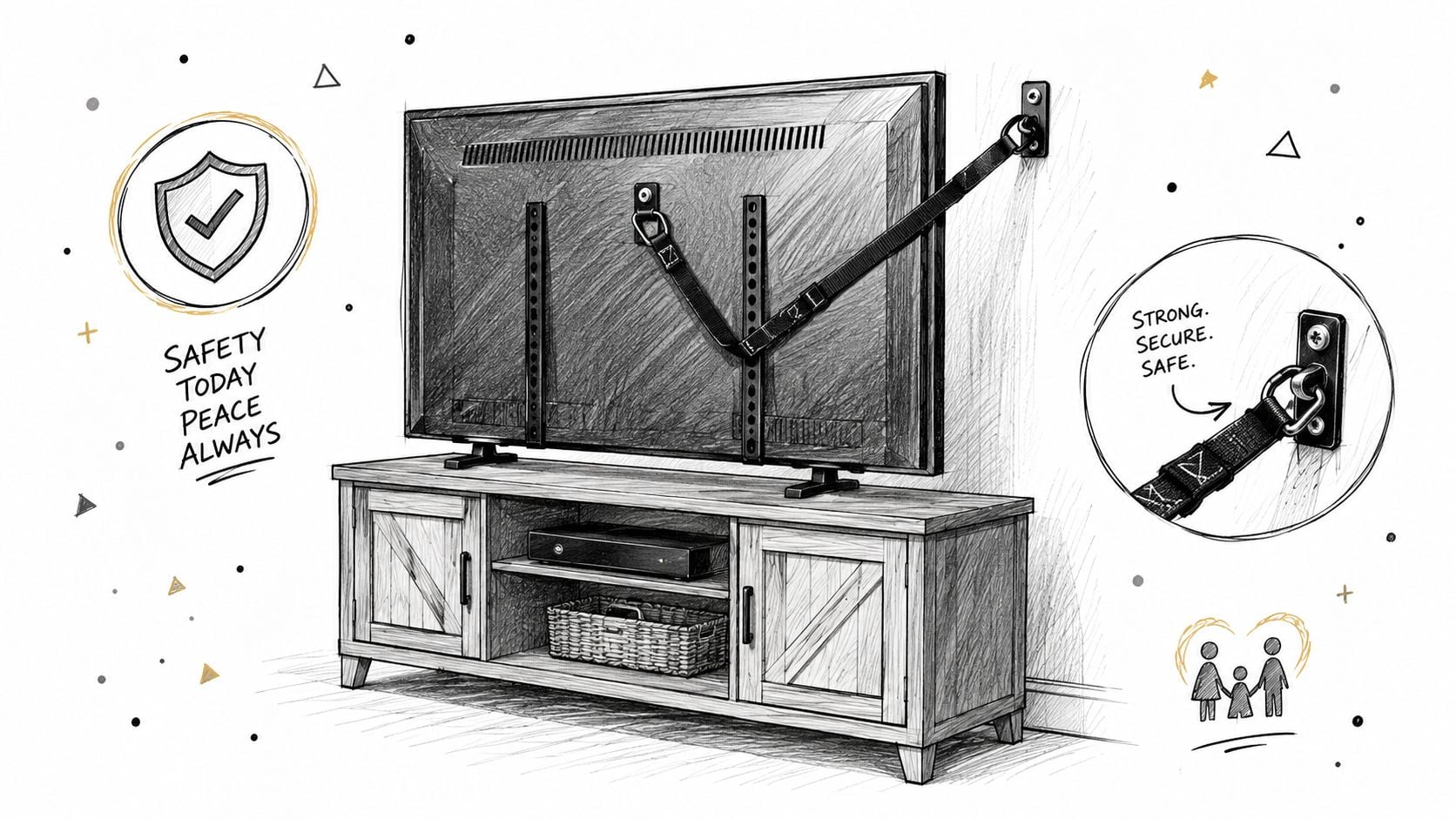 A safety strap securing a television to the wall to prevent accidental tipping or falling hazards.