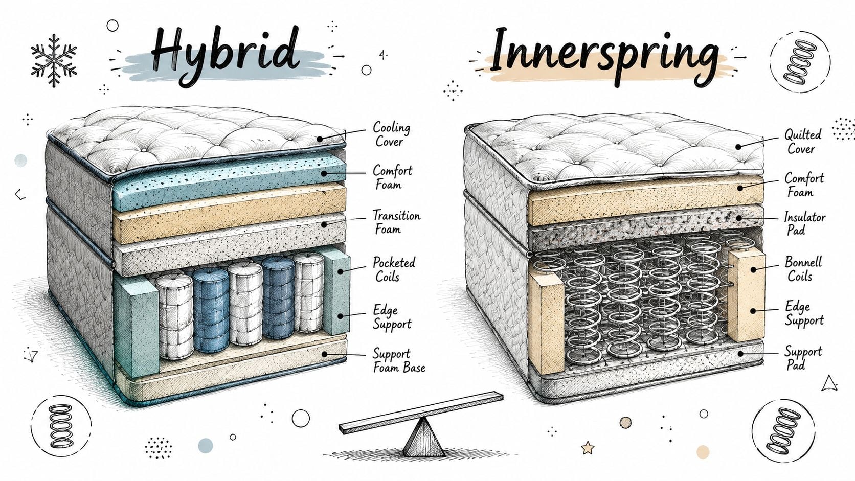 A diagram comparing the interior construction layers of a hybrid mattress and an innerspring mattress side-by-side.