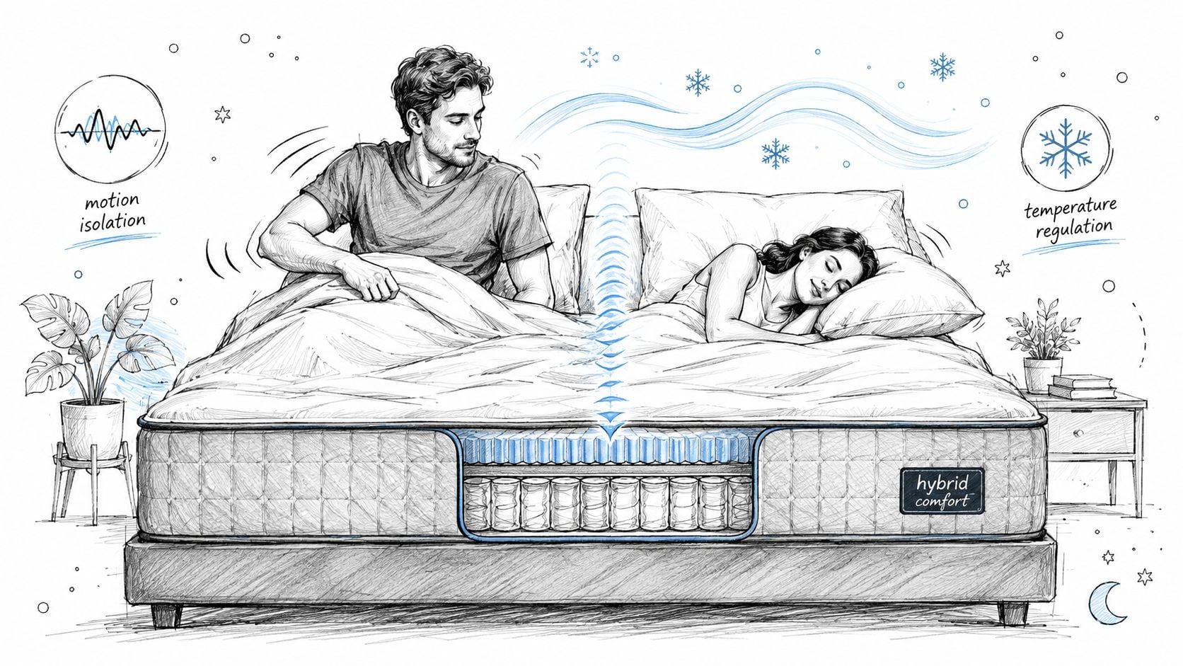 A pencil sketch illustration of a couple sleeping on a hybrid mattress with motion isolation and temperature regulation features.