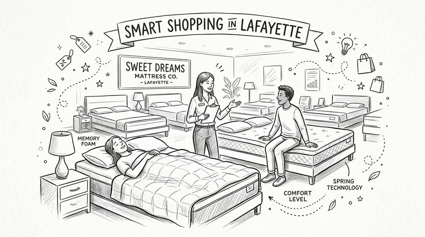 A professional salesperson assists a couple testing different types of mattresses at a furniture retail showroom.